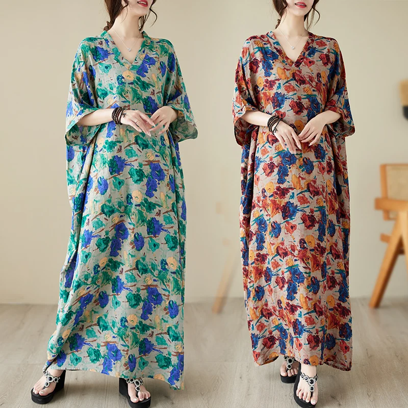 

Summer V-Neck Loose Cotton Linen Long Beach Skirt Vacation Style Loose Artistic Large Size Summer Dress Cover-Up Robe