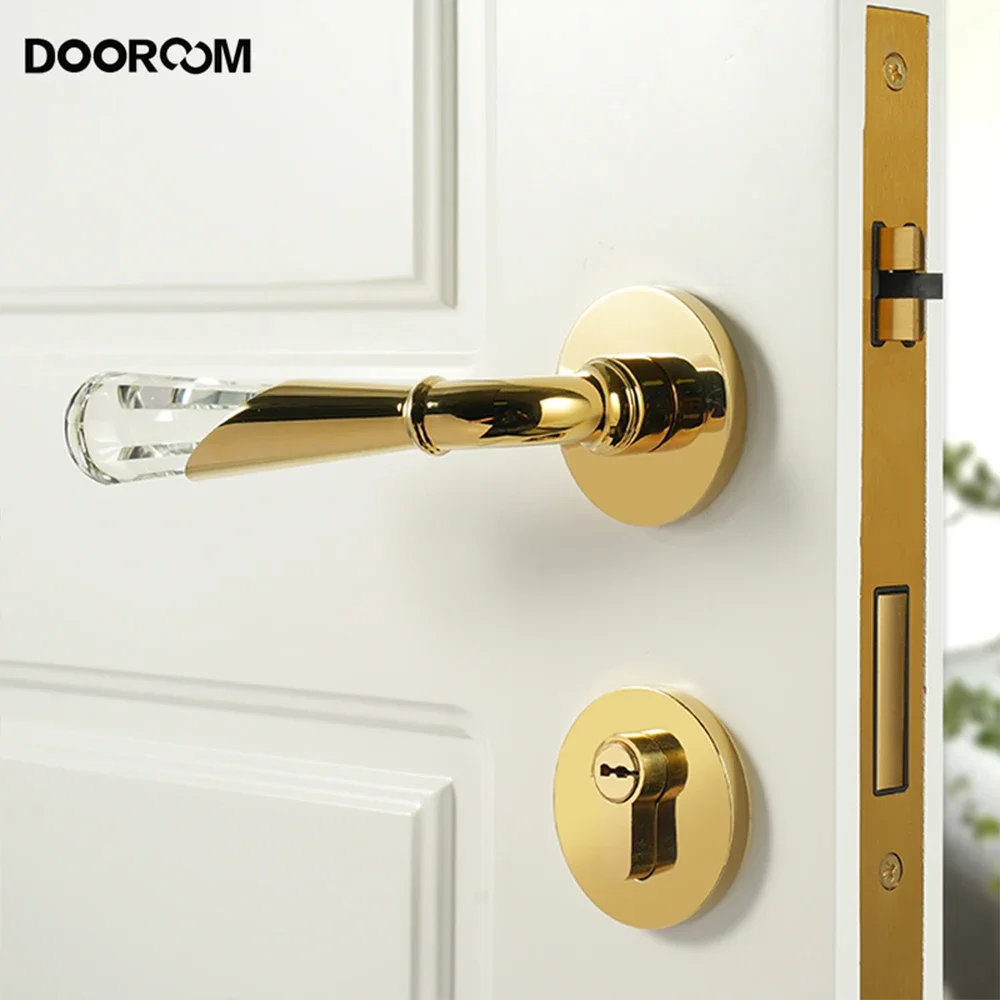 DOOROOM Brass Door Lock French Crystal Door Handle Indoor Bright Silver Room Household Silent Magnetic Suction Bedroom Lock