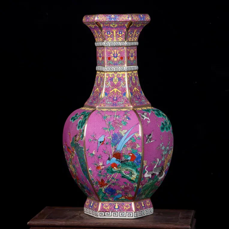 Qian Long Antique china porcelain Chinese Handmade Sculpture Pink Gold Decoration Vase For Decent Gifts