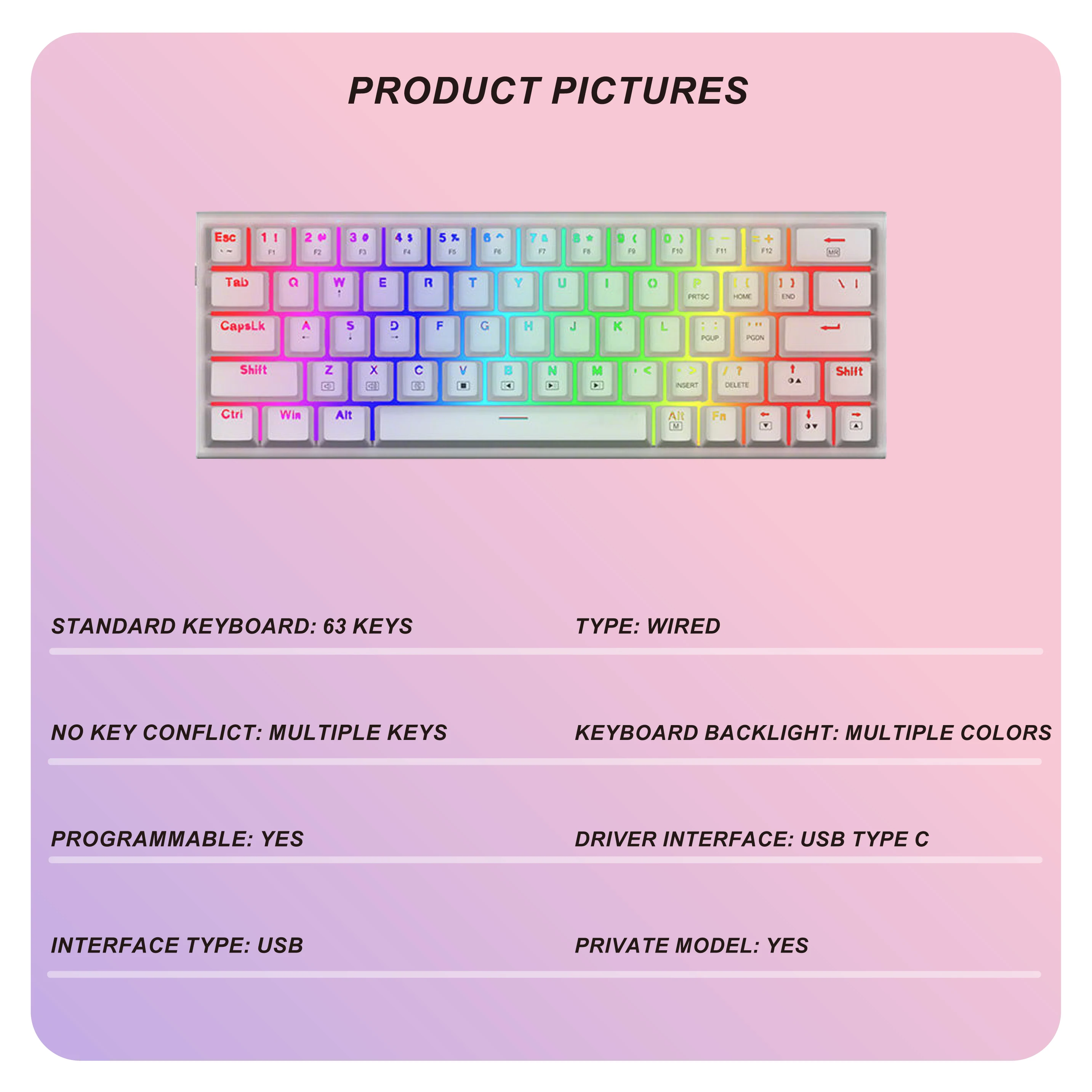 Custom Gamer Keyboard 60% 63Key White Mechanical Keyboard PC Wired RGB Mini Laptop Gaming Keyboard