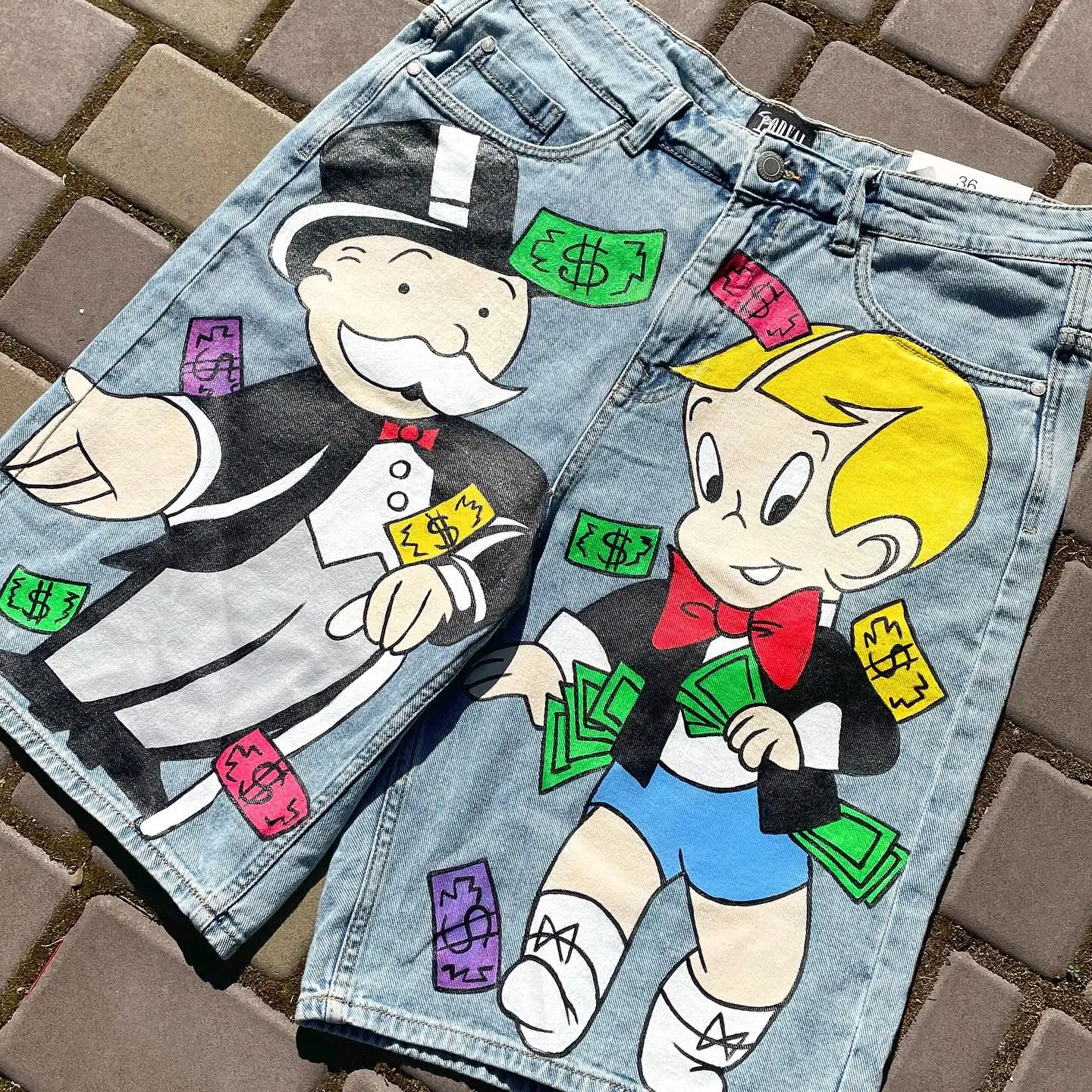 Harajuku Y2K A large sum of money print shorts loose denim baggy jeans new retro streetwear gothic wide leg Skateboard pants