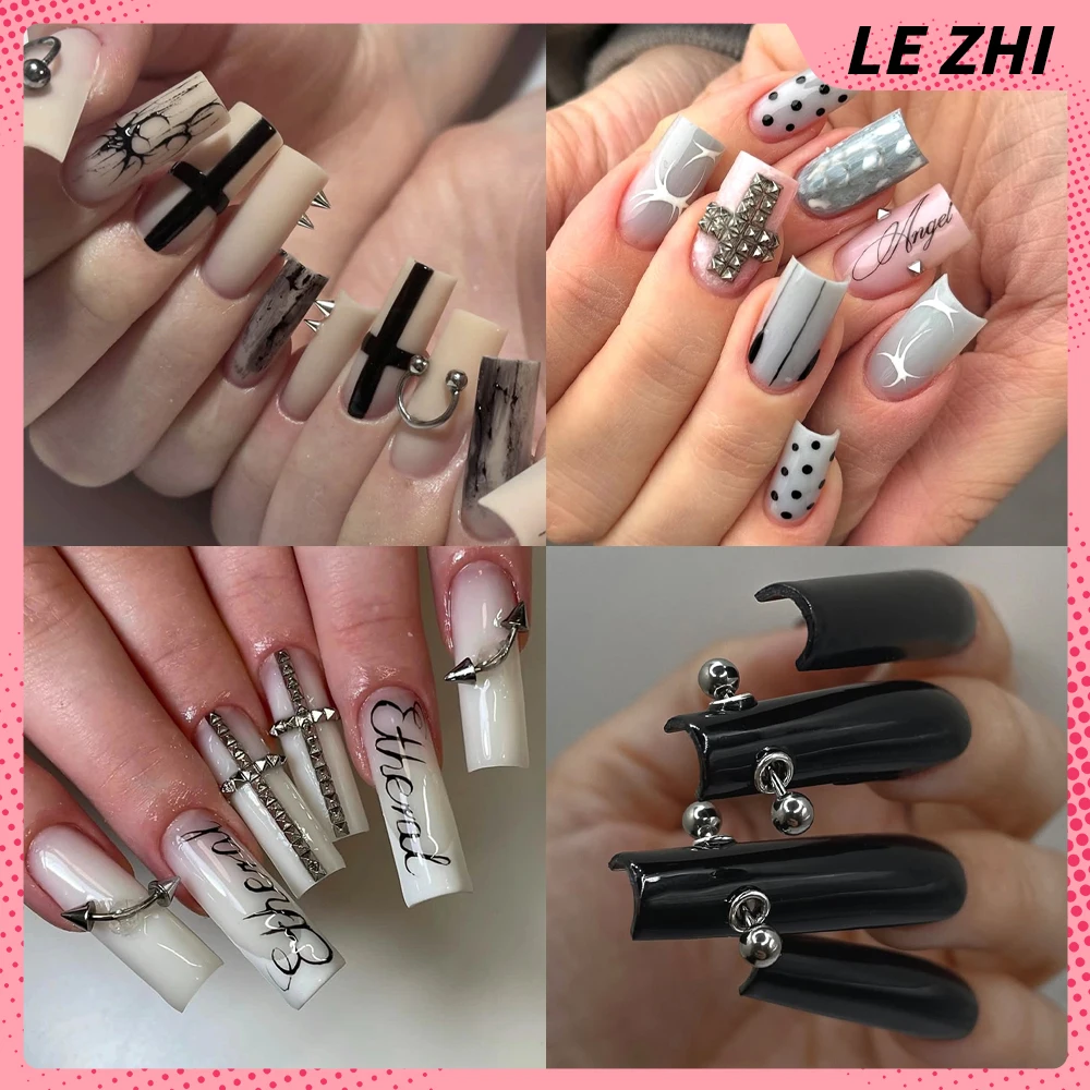 Y2K التوابل الفتيات 10 قطعة اليدوية القوطية الشرير الصحافة على رسومات أظافر مربع عارية اللون المعادن إلكتروني تصميم الأظافر كاذبة هدايا مخصصة