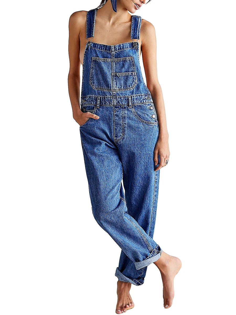 

Women Denim Long Jumpsuit Casual Spaghetti Strap Wide Leg Romper Pants Summer Baggy Bib Overalls