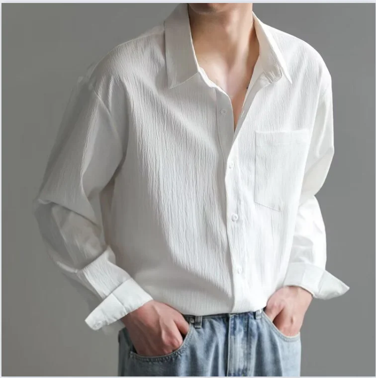 

2024 Autumn New Pure Color Collar Male Shirt Lazy Fashion Trendy Harajuku Jacket Cotton Casual