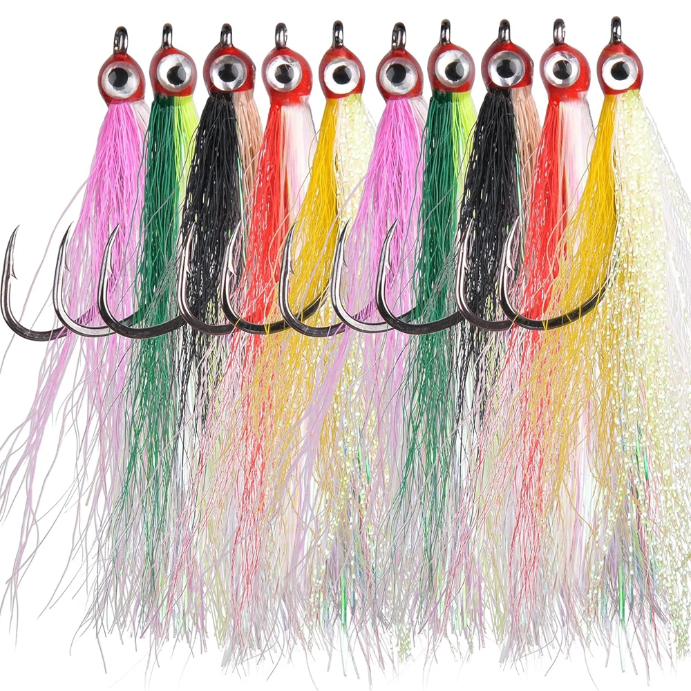 10/20/30PCS Bucktail Teasers fishing hook 3D eyes Flash line fly tying for Flounder jig hook hi/lo rig for Salmon fishing tackle