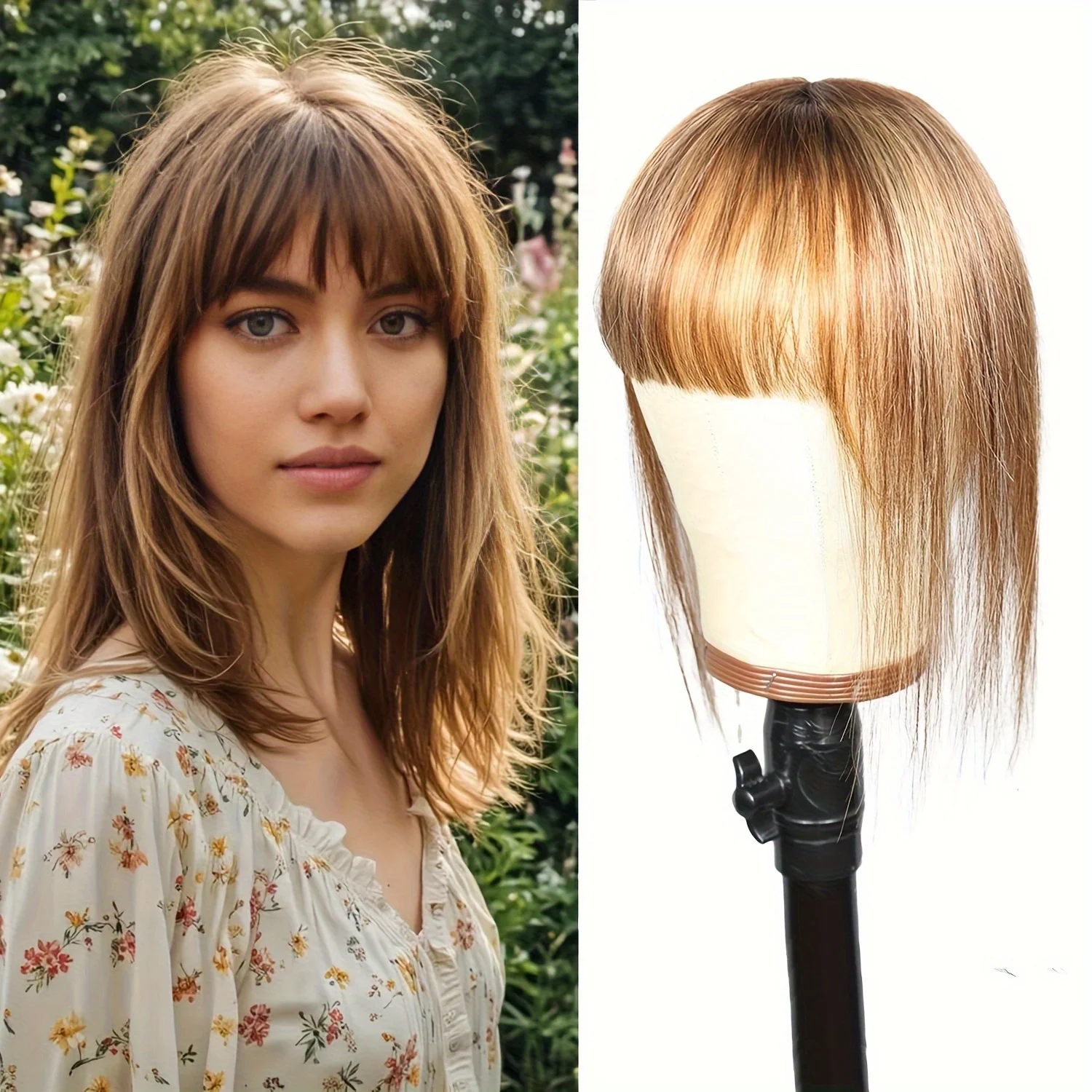 

Topper Hair Clip Extensions with Bangs Made from Human Hair, Topper Hair Clip with Bangs 360° Design Hair, #4/27 Chocolate Brown