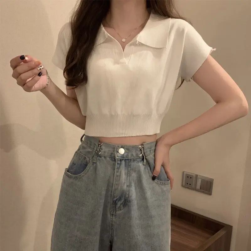 Polo neck short sleeve knitted ice silk top women\'s summer thin 2023 new early spring inner T-shirt