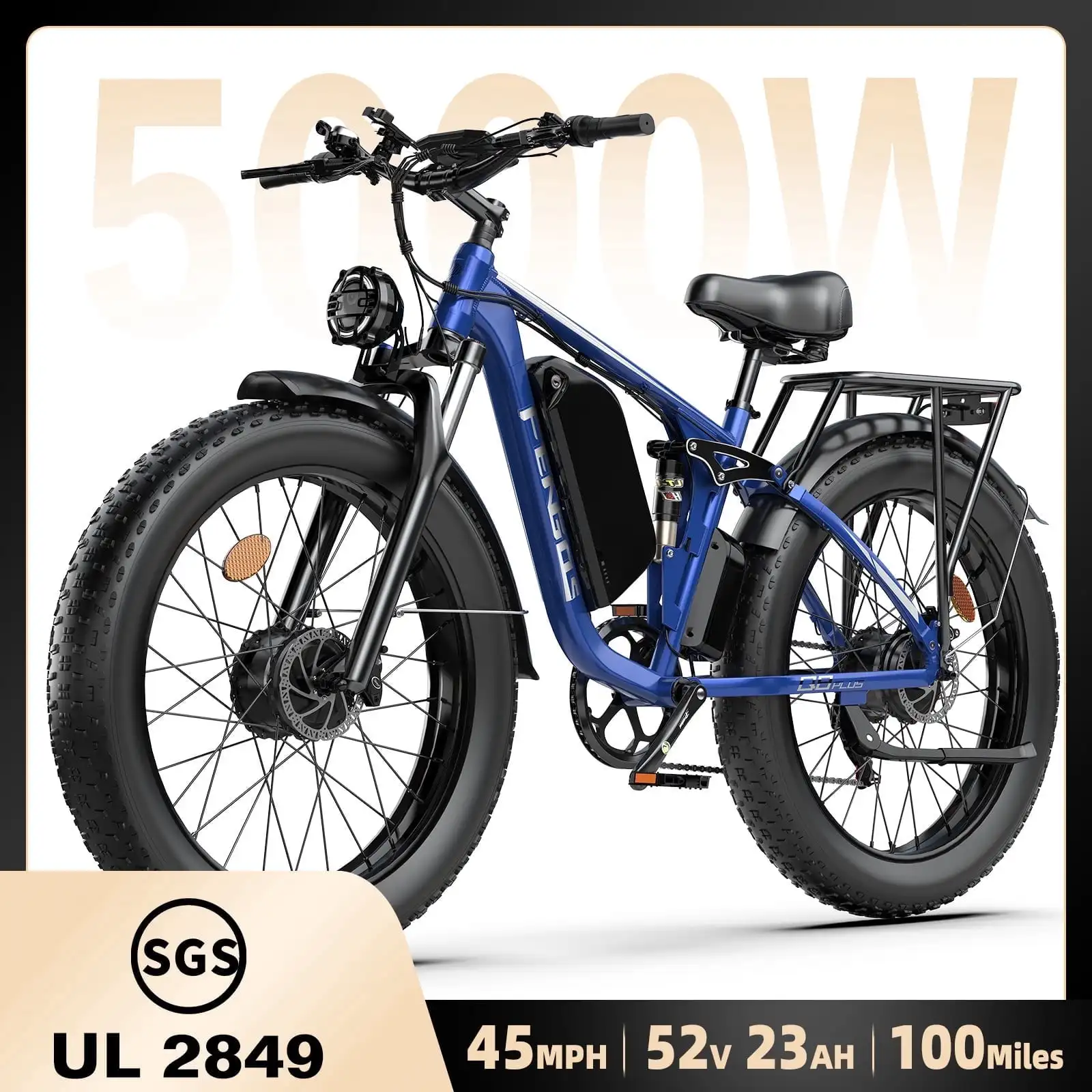 FENGQS Q8 PLUS Dual Motor Electric Bike for Adults, Peak 6000W 60V 1200Wh Removable Battery, 40-100 Miles Long Range Fat Tire E-Bike, Full Lockable Suspension, 7 Speed, 4+2 Riding Modes, 45MPH, 40° Climbing Off Road Electric Bicycle US Warehouse` image 7