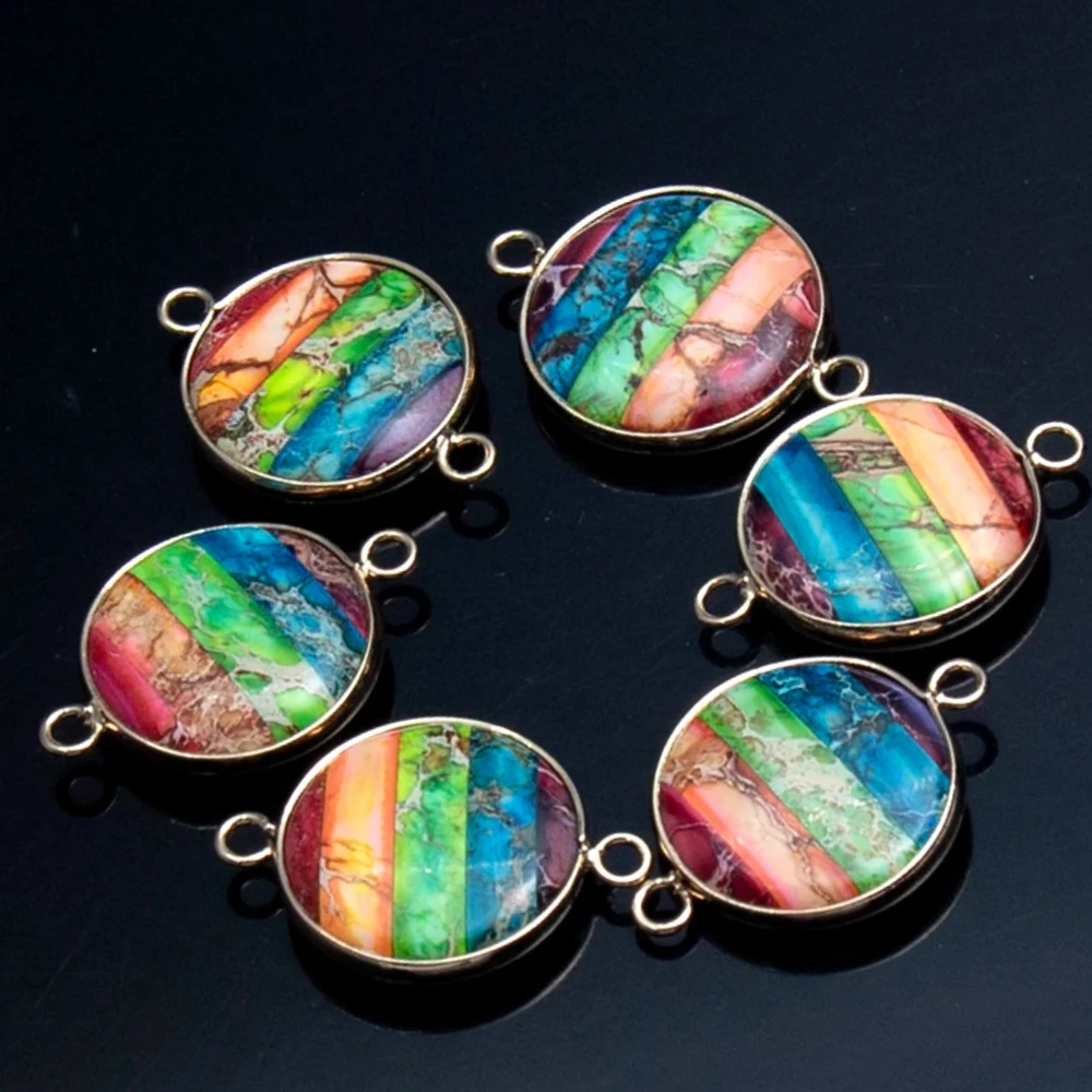 

1PC 21x29mm Natural Stone Imperial Stone Double Hole Connector Pendant Colorful Round Jewelry Accessories DIY Making Necklace