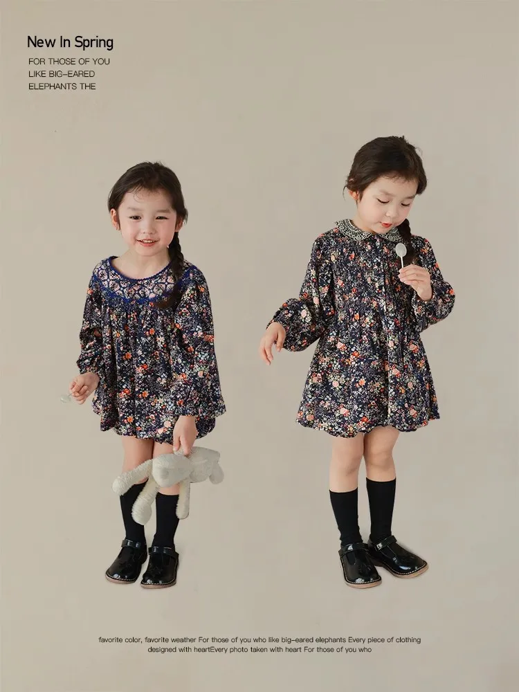 2024 Elegant Retro Girls Dress Korean Floral Smocked Dresses Girl Autumn Round Neck Tops Fashion Shorts Children\'s New Clothing