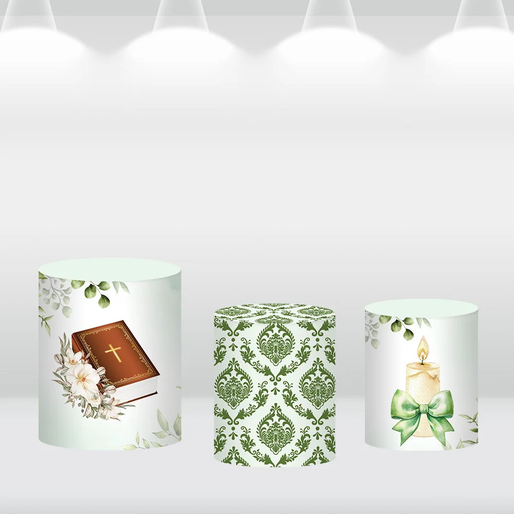 소년 첫 성찬식 파티 라운드 배경 커버 녹색 잎 성경 베이비 샤워 서클 배경 실린더 커버 폴리 에스터