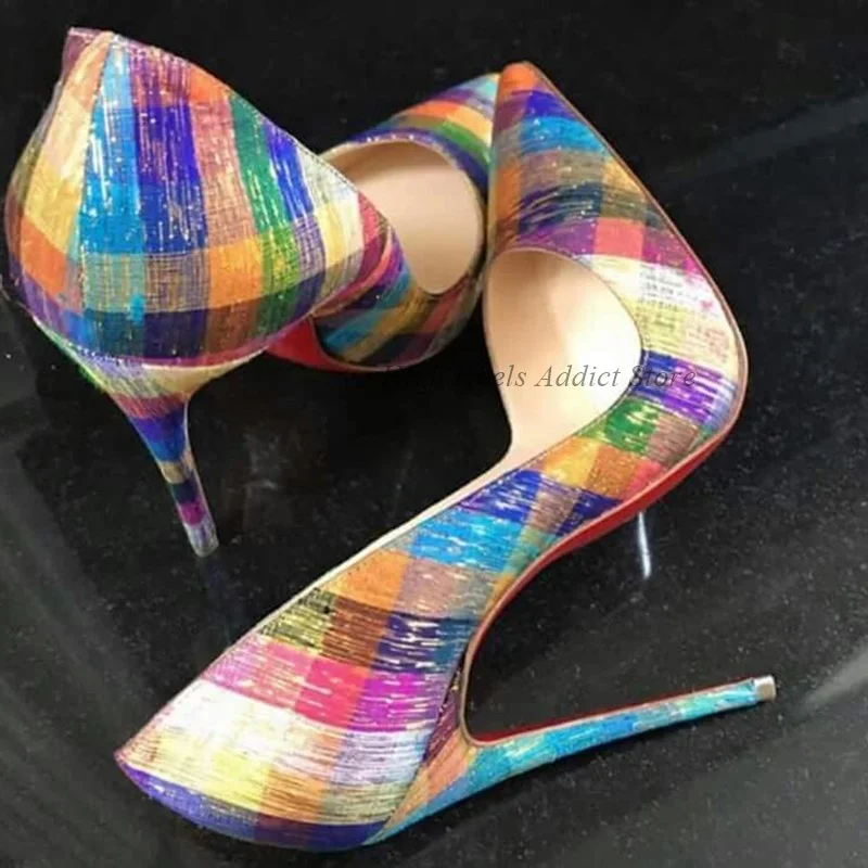 

Color Stripes Sexy Leather High Heels Women's Big Size Pointed Toe Stilettos Pumps New Luxury Designer Dating Party Shoes