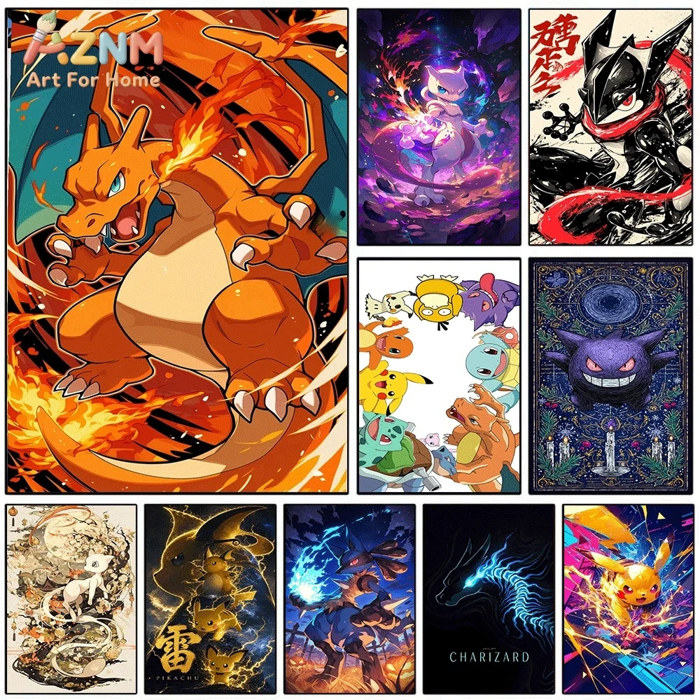 AZNM Charizard Fire‑Breathing Flying Dragon Dynamic Flame Canvas Wall Print, Pokemon Anime Game Art Poster, Unframed Canvas Pa