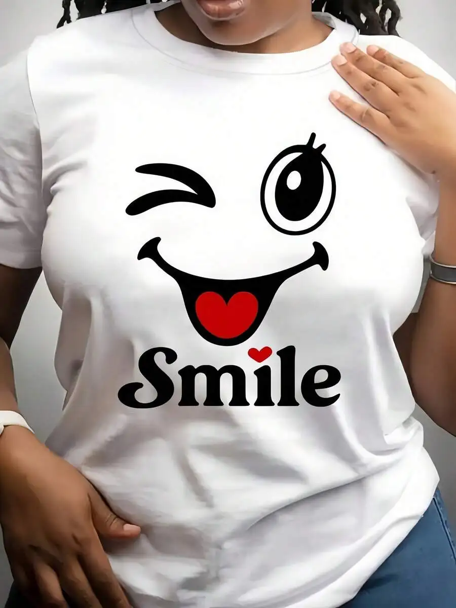 1Pc Women's Winking Face Smile Print White T Shirt Crew Neck Casual Cotton Tee Medium Stretch Knit Fabric Regular Fit For Ladies