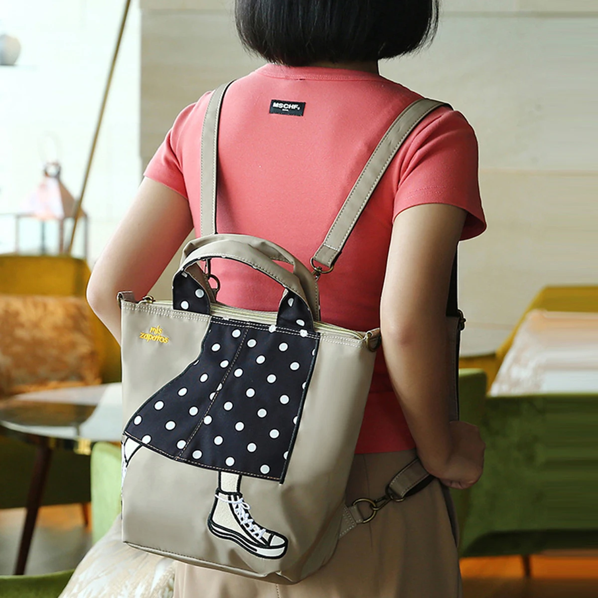 

cartoon embroidery applique backpack, nylon material waterproof handbag casual shoulder bag, detachable adjustable strap