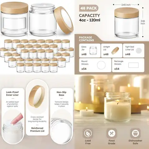 Small Glass Candle Jars with Bamboo Lids, 48 Pack, Empty Containers for Cosmetic Samples, Craft Supplies