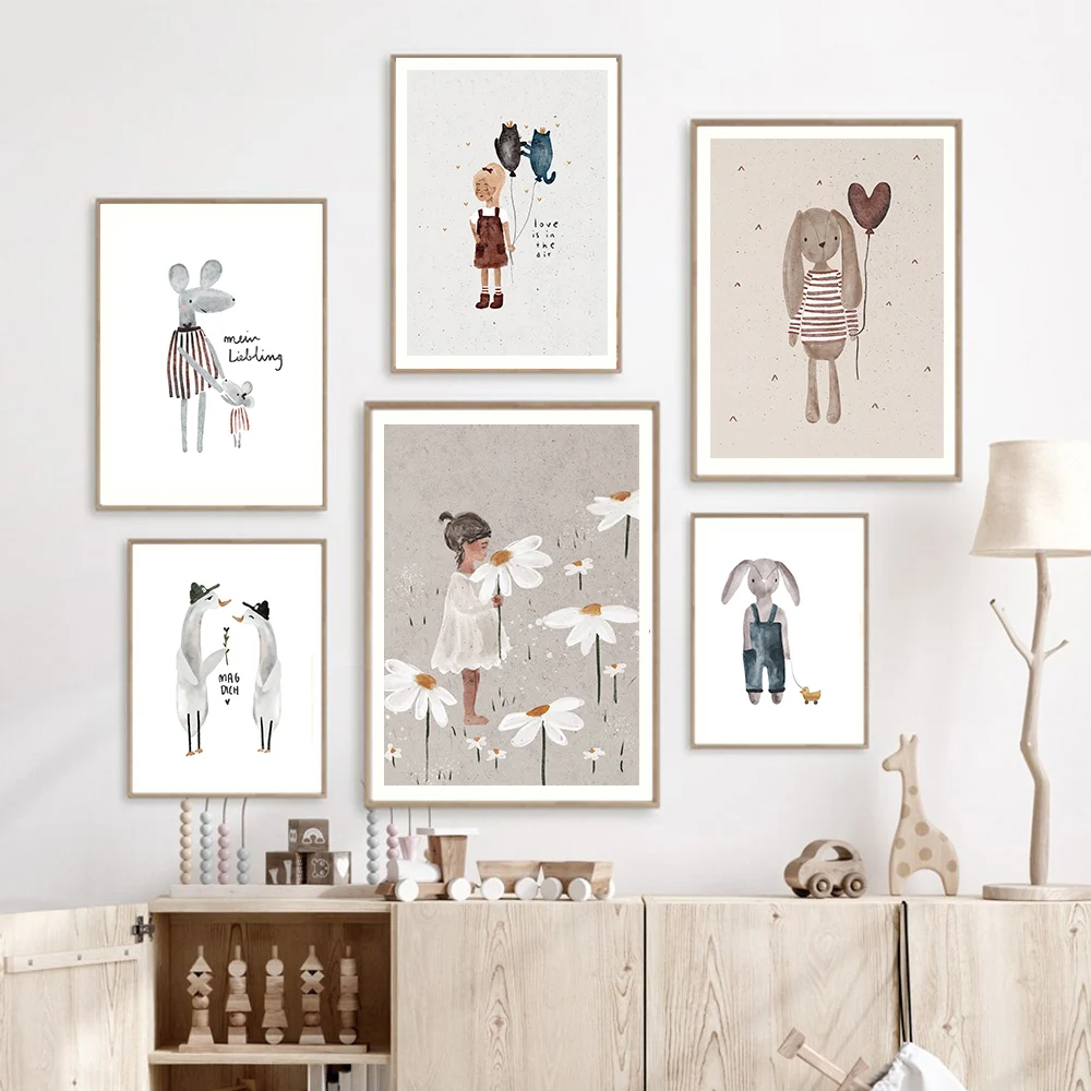 Funny Animals Rabbit Goose Bear Cat Girl Flower Balloon Alphabet Poster Prints Wall Art Canvas Pictures for Baby Kids Room Decor