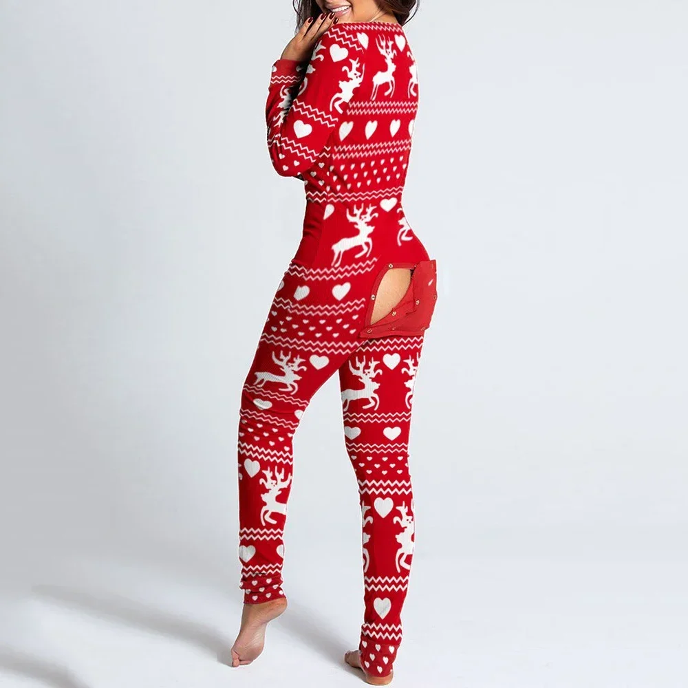ボタンフラップパジャマ女性のためのプリントクリスマスパジャマ長袖秋ジャンプスーツ欲望ワンピースナイトウェア女性服