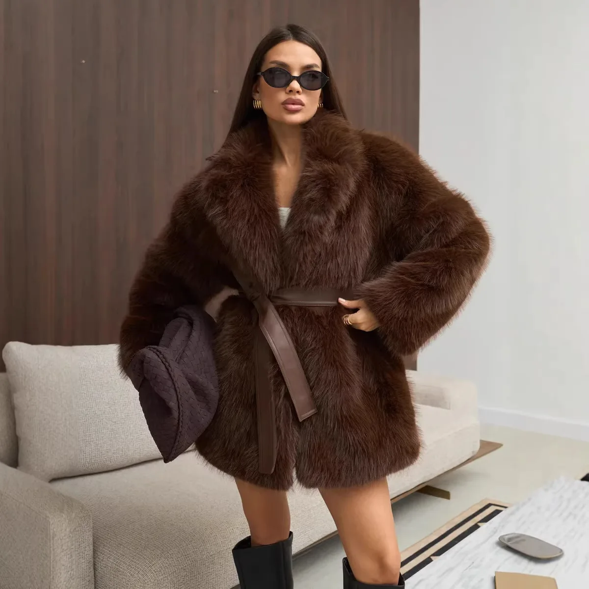 2026 Winter Elegant Luxury Chic Thick Warm Soft Faux Fox Fur Coat Women with Belt High Quality Oversized Fur Jacket for Female