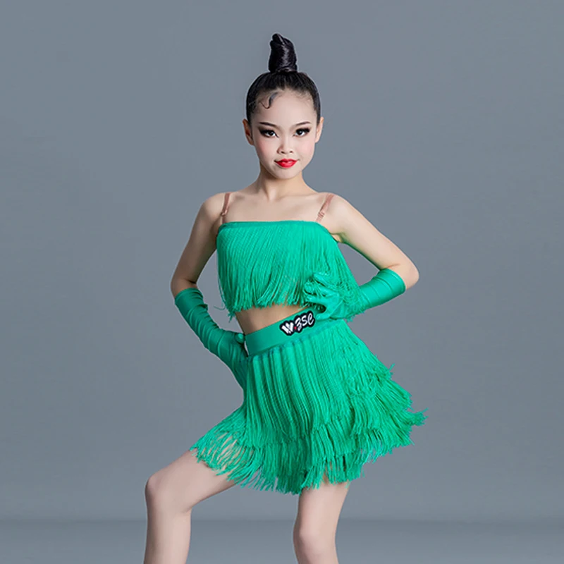 

Girls Green Latin Dance Competition Costume Tassel Tops Skirt Rumba Performance Outfit Practice Clothes ChaCha Dancwear VDB6748