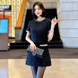 High Quality 2024 Summer Black Sequin Tweed Mini Dress New Women Round Collar Short Sleeve Woolen Shiny A Line Party Vestidos