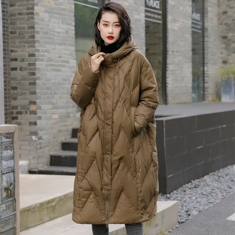 

Women Loose Long Coat 90% White Duck Down Jacket Women 2023 Winter Female Overcoat Winter Hooded Puffer Feather Parkas