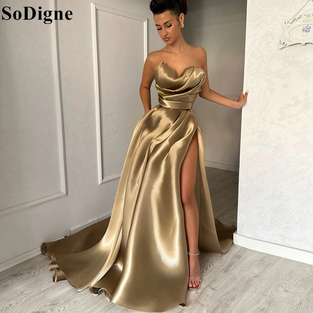 

SoDigne Sexy Champagne Evening Dresses A-Line Draped High Split Strapless Pleated Party Dress 2025 Elegant Prom Gowns Customized