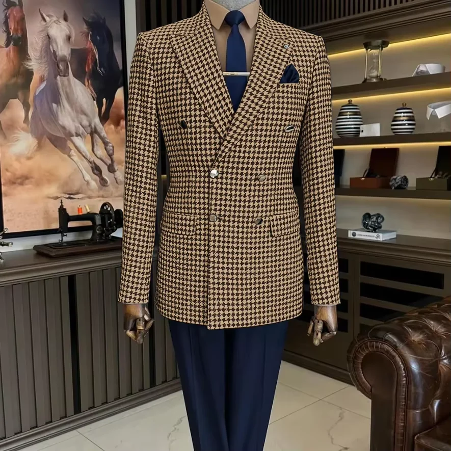 

Men's Houndstooth Blazer Suit Solid Color Peak Lapel Double Breasted Business Slim Fit Grid Man Suits Jacket Formal Party Tuxedo