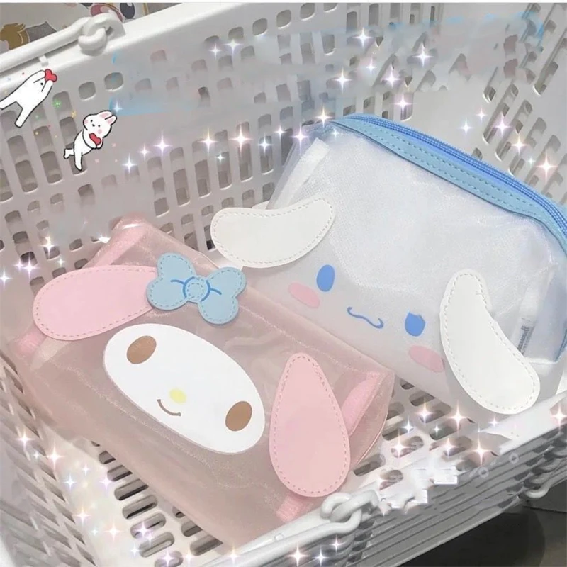 Sanrio Kawaii My Melody Pencil Case Cinnamoroll Student Mesh Zipper Storage Bag Cartoon Transparent Shell Cosmetic Storage Bag