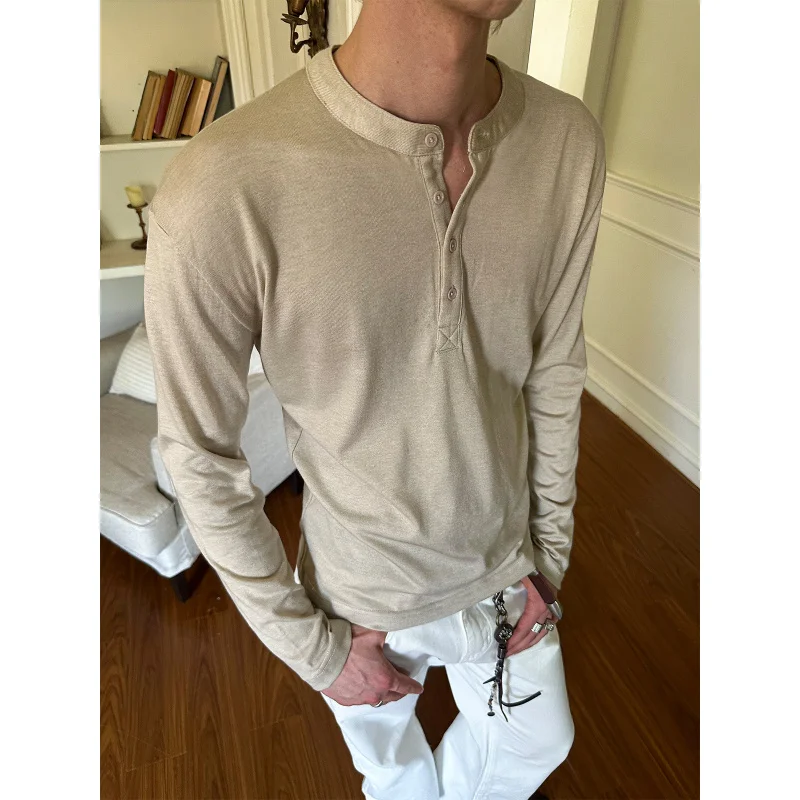 

EME Men's Clothing Australian Wool Henry Collar Solid Color Base Long Sleeve T-Shirt Slim Fit Autumn Winter 25 New Knitted Sweat
