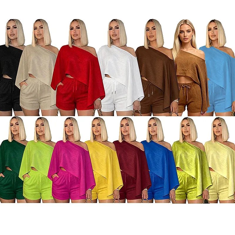 Women's Solid Off Shoulder Loose Blouse Top Shorts Matching Set 2 Piece Summer Outfits
