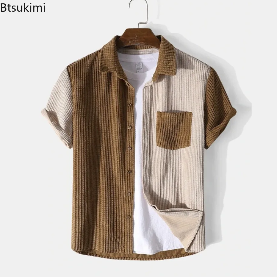 High Quality Men's Summer Corduroy Casual Sets Fashion Patchwork Short-sleeved Shirt and Drawstring Shorts Men Waffle Two-pieces