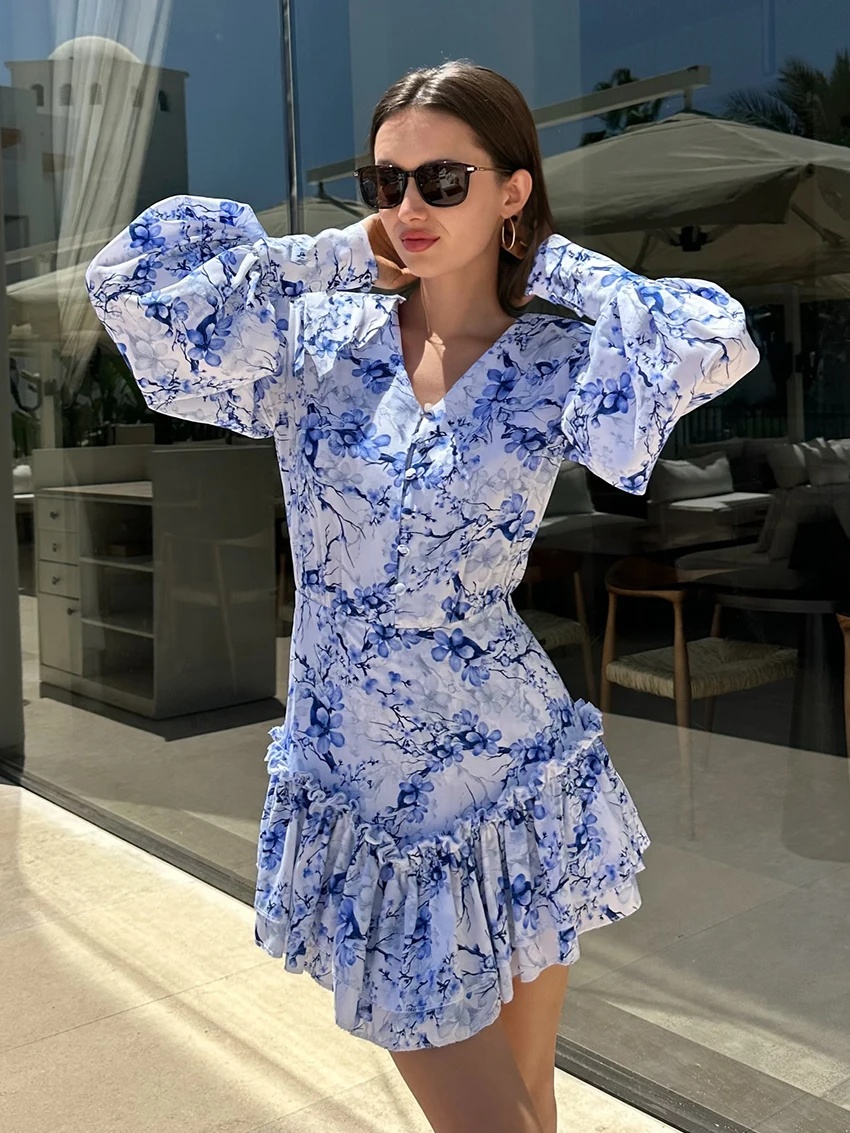 

Marthaqiqi Fashion Female Nightie Sexy Turn-Down Collar Sleepwear Long Sleeve Nightgown Mini Dress Blue Printing Women Nightwear