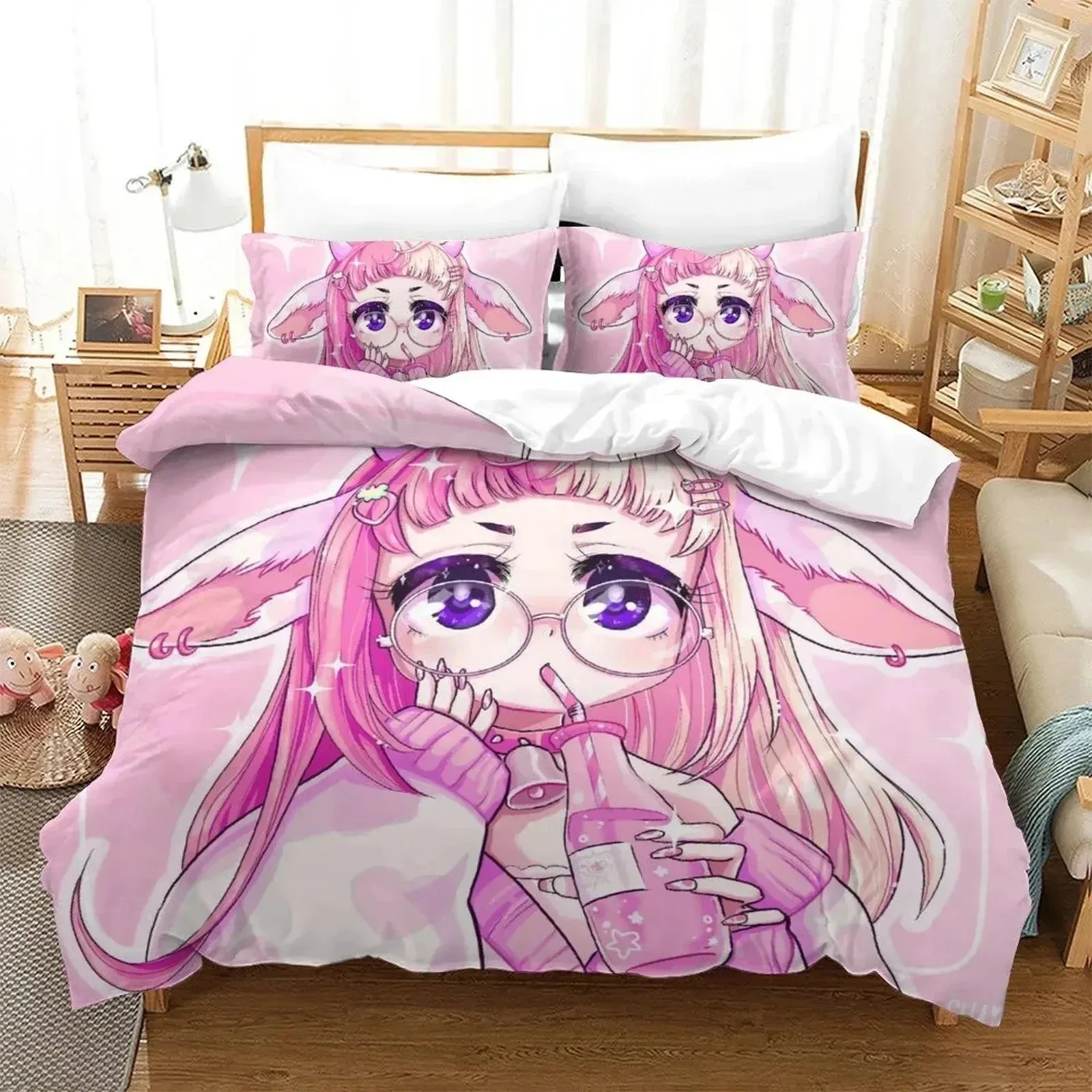 Anime Aesthetic Girl Art Strawberry Bedding Set Duvet Cover Bed Set Quilt Cover Pillowcase Comforter king Queen Size Boys Adult