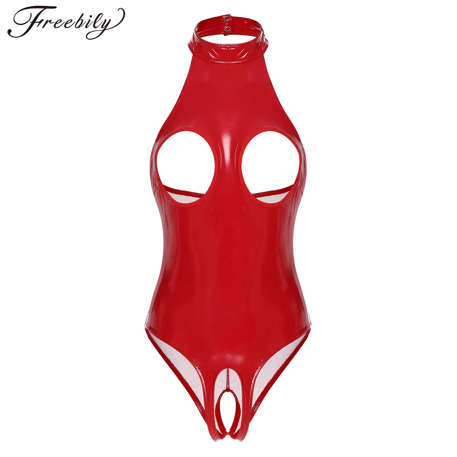 Womens Sexy Leather Exotic Teddies Lingerie Exposed Nipples Cups Crotchless Bodysuit Halter Backless Latex Catsuit Clubwear