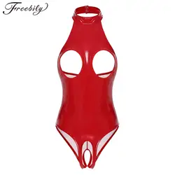 Womens Sexy Leather Exotic Teddies Lingerie Exposed Nipples Cups Crotchless Bodysuit Halter Backless Latex Catsuit Clubwear