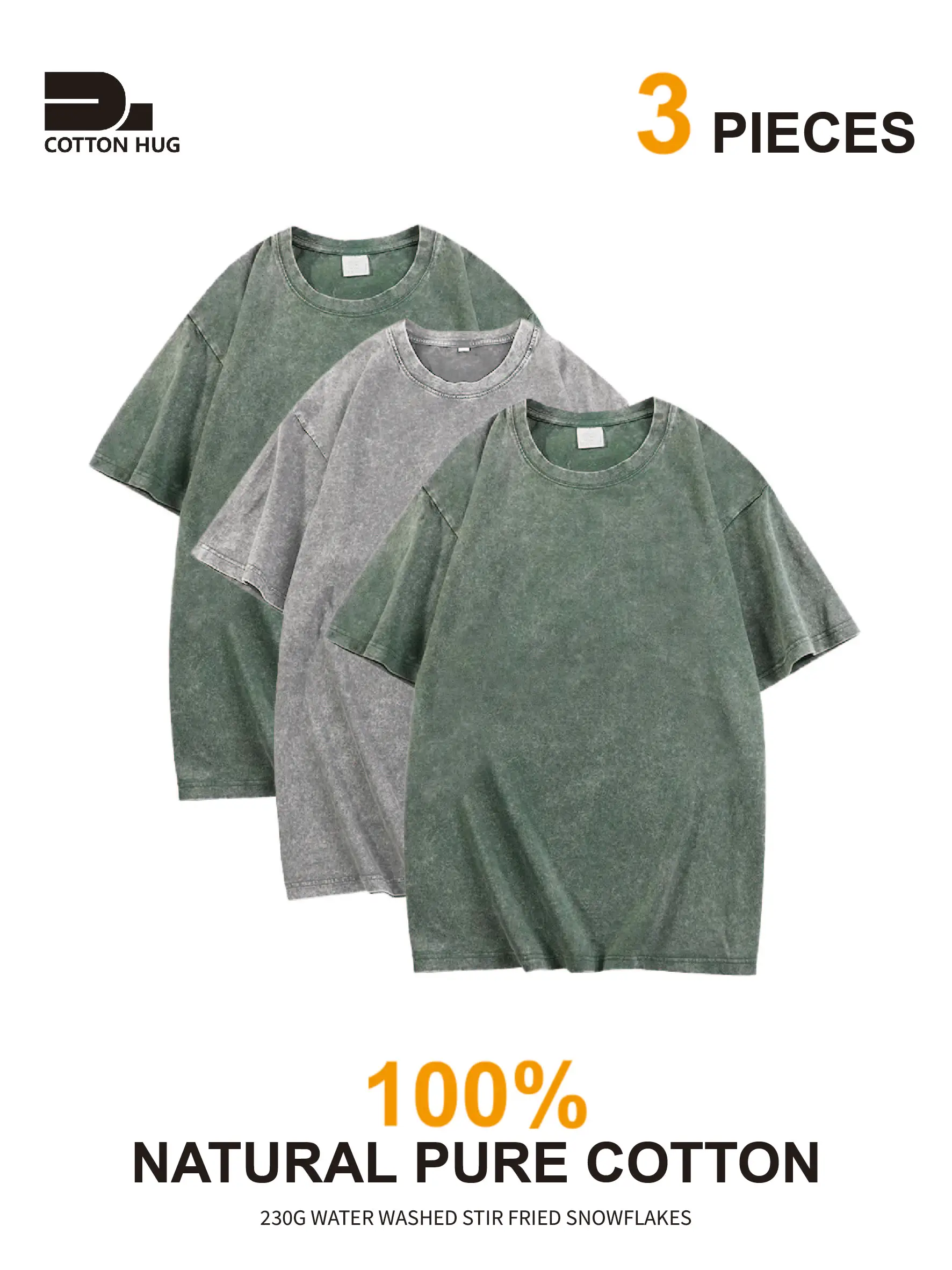 

3-Piece Set 100% Cotton Loose-fit Retro Washed Top (Sports & Casual T-shirt) Suitable as gifts for various festivals