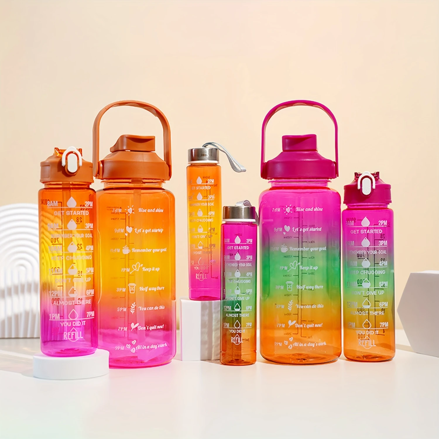 3pcs, Sports Water Bottle Set, Colourful Gradient, Push Button, Large Plastic Motivational Water Bottles With Phone Holder, 17oz