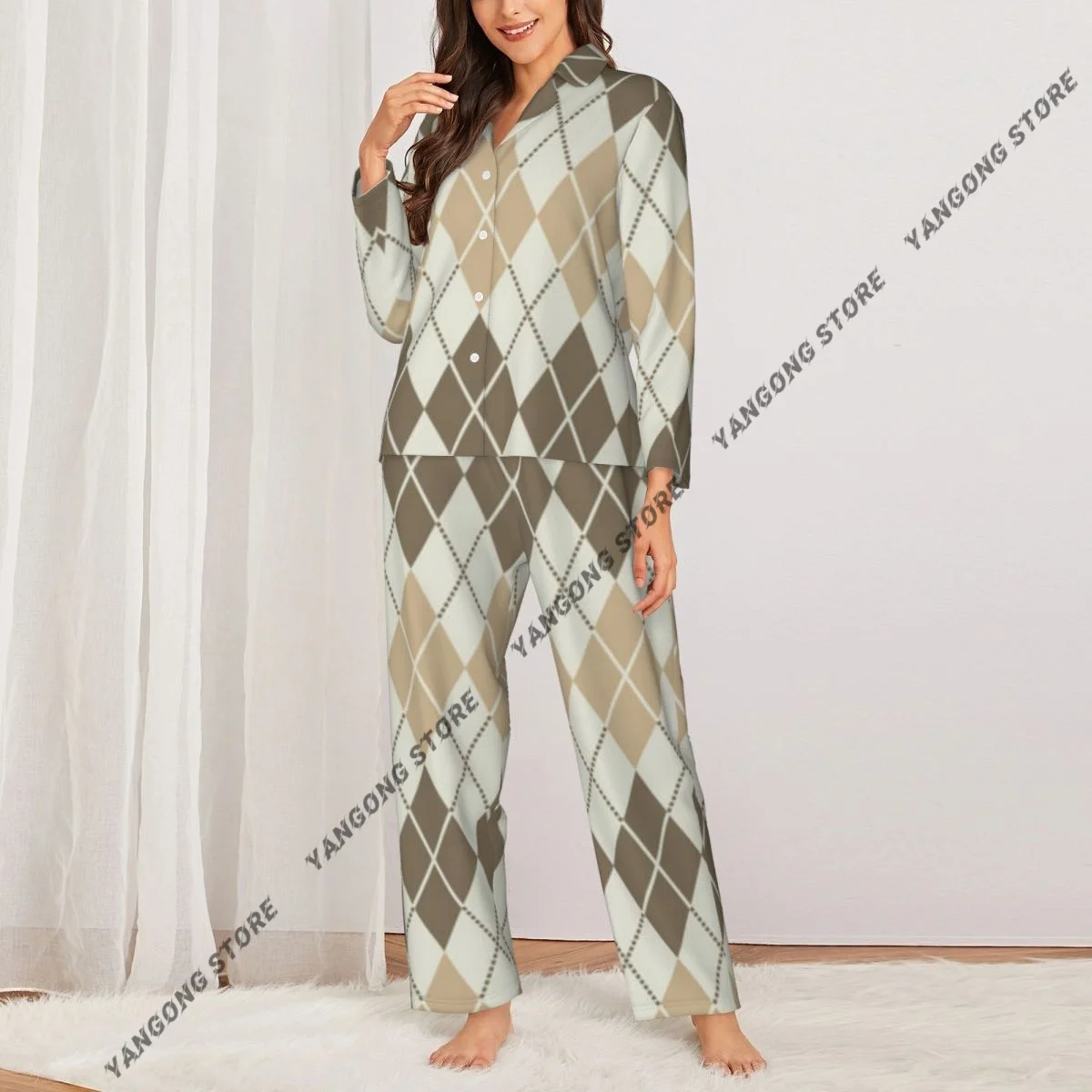 Spring and Autumn Long Sleeve Pants Pajamas Loungewear Set Japanese Diamond Plaid Pattern Women's Pull Edge Loose Sleeping Suit