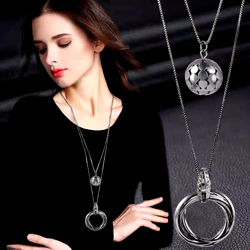 SINLEERY Multilayer Circle Double Chains Pendant Necklace Black Gun Color Metal Ball Long Neckalce For Women Jewelry MY457