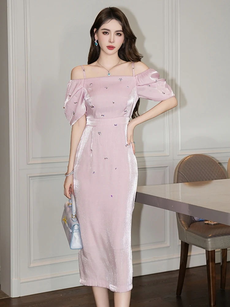 Women\'s French Style Midi Dress Sweet Elegant Luxury Off Shoulder Bubble Sleeve Slim Gown Female Party Banquet Vestidos Mujer