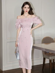 Women's French Style Midi Dress Sweet Elegant Luxury Off Shoulder Bubble Sleeve Slim Gown Female Party Banquet Vestidos Mujer