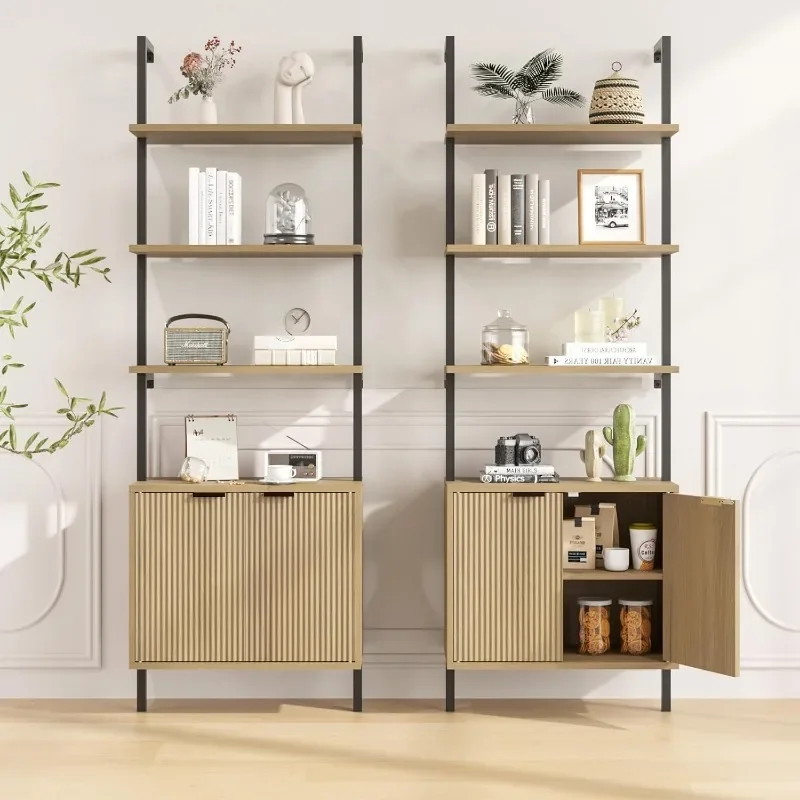 Set of 2 Ladder Bookshelf with Cabinet, Tall Bookcase with Shelves & Storage, Fluted Ladder Shelf with Metal Frame