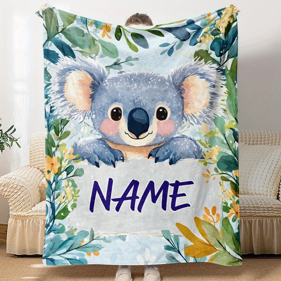 Personalized customized text Happy Koala flannel blanket, suitable for sofas, beds, travel camping, living rooms, all season