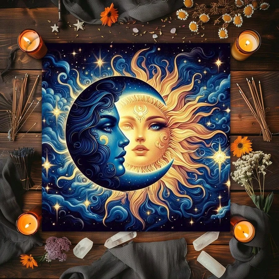 1 Stück Sonne-Mond-Tarot-Tischdecke, Mandala-Pilz-Konstellation bedruckte Tischdecke, spirituelle Hexerei-Wahrsagerei-Dekoration für Partys