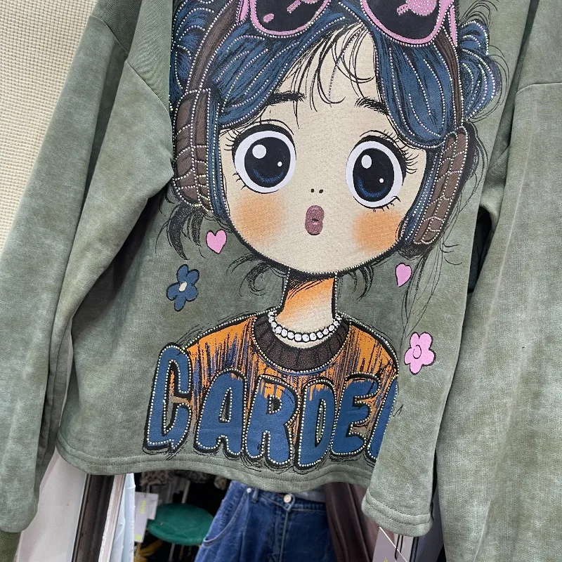 American Style Casual Rhinestone Cartoon Girl Oversized Sweatshirt Women's Loose Slimming Pullover 2025 Autumn New Kawaii Jacket