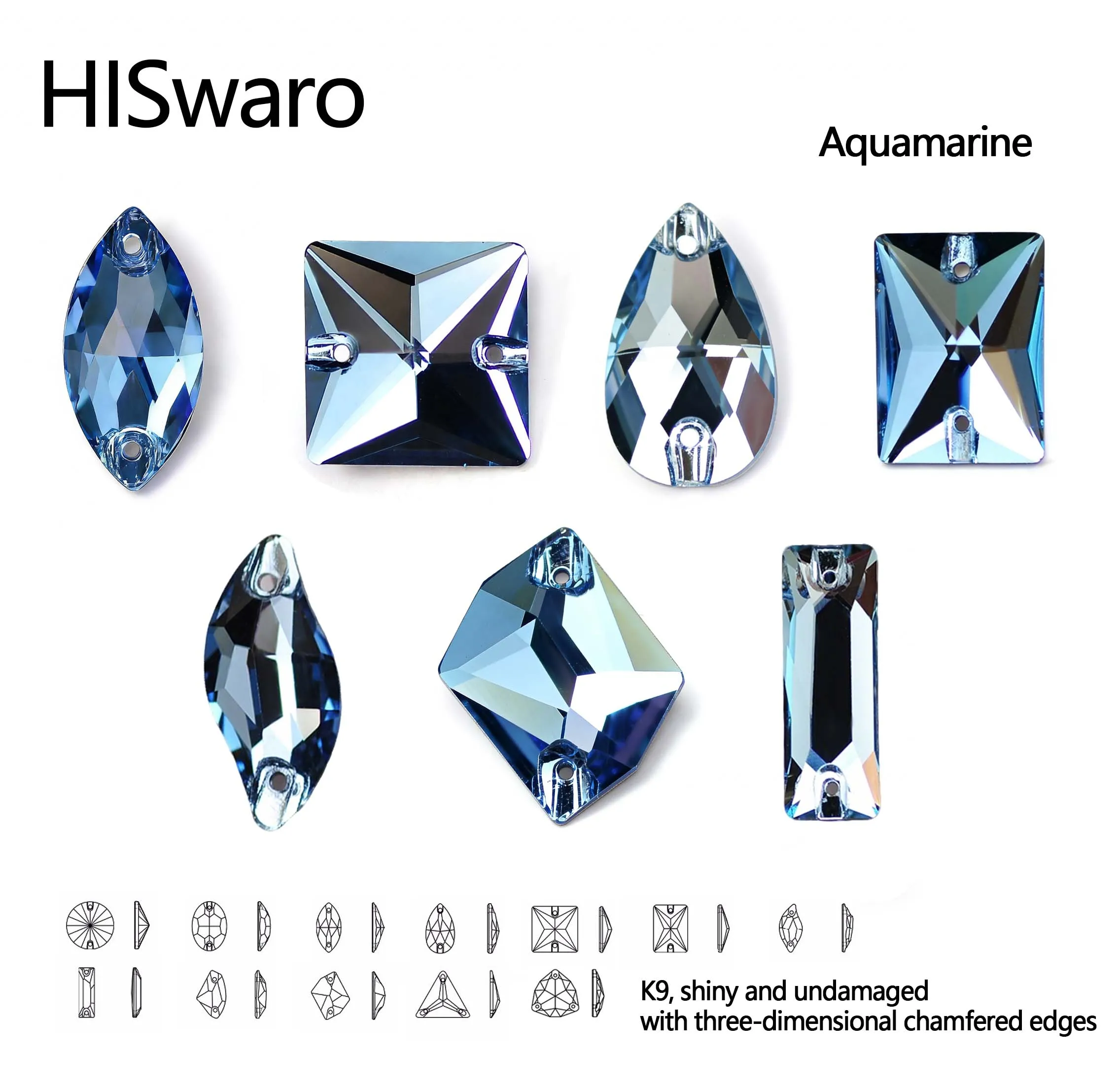 

HISwaro Glass 5A Aquamarine Strass Crystal Sewing Stones Sew on Rhinestones For Garment Needlework Clothes Bags