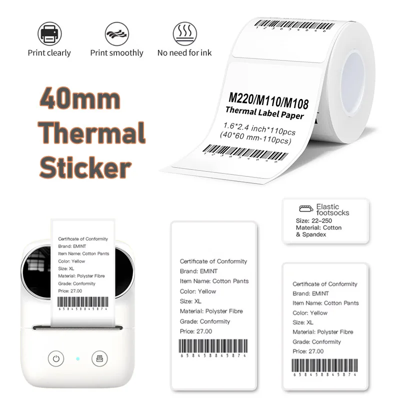 5/10rolls Thermal Label White Roll Waterproof Self-adhesive Sticker Paper For Clothes Box Price Barcode Tag Printer Phomemo D30