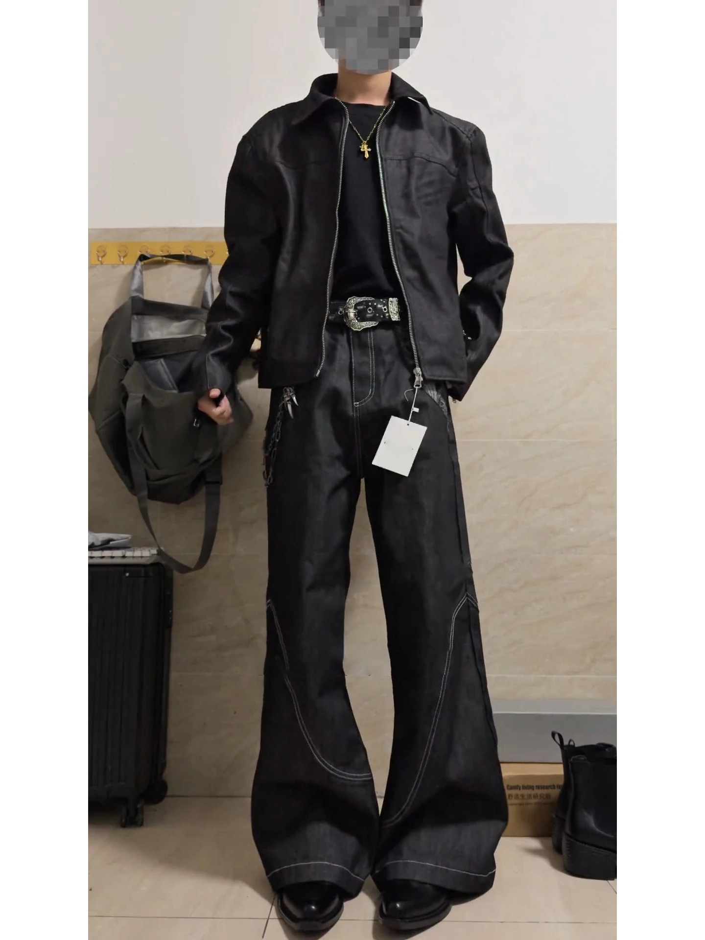 

American High Street Snake Print Denim Jeans Men's Autumn Winter Trendy Bla Wide Leg Straight Cut Long Trousers Casual Wear
