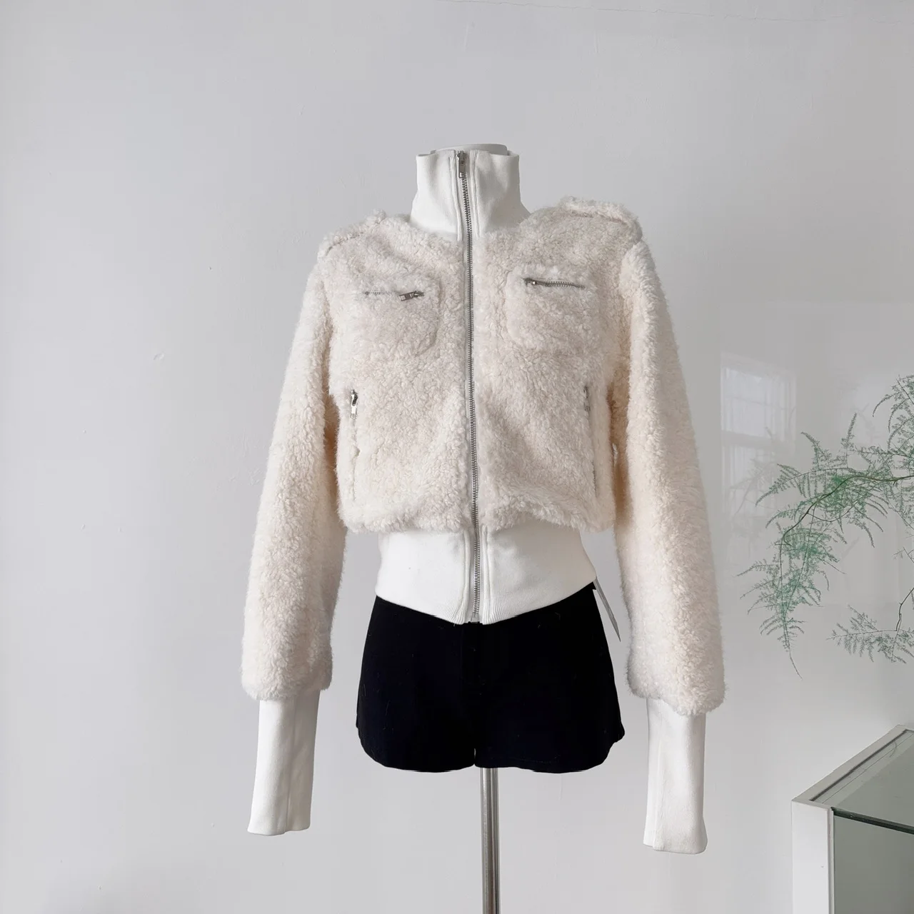 

Корейские модные осенне-зимние женские топы, пальто из овечьей шерсти, воротник-стойка, длинный рукав, молния, облегающие куртки, женская одежда F387